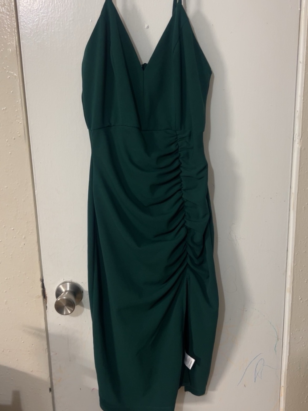 Emerald Deep Green V-Neck Ruched Midi Dress